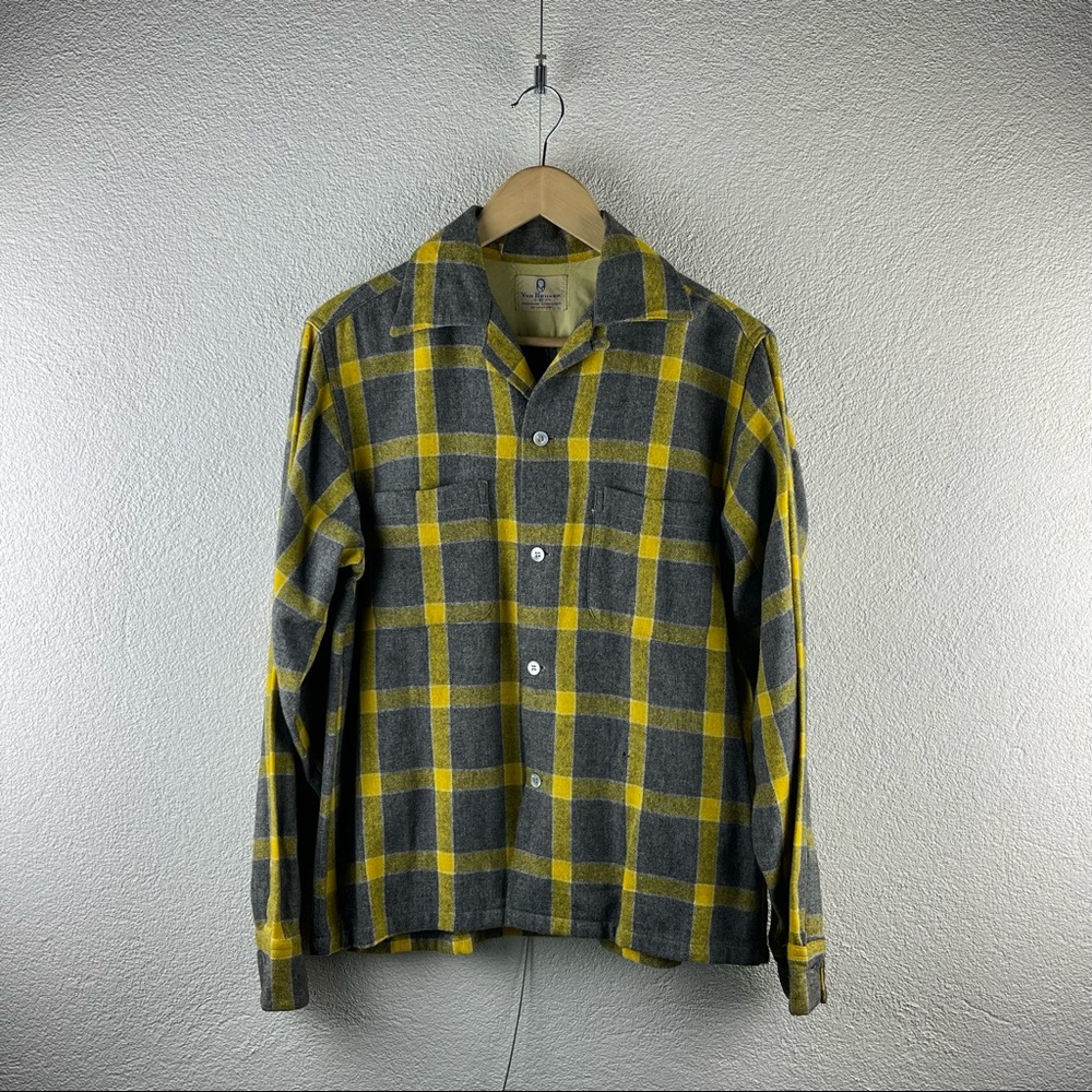 Vintage l 50s M Van Heusen Rockabilly Plaid Wool Loop Collar Pockets Camp Shirt